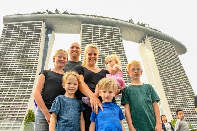 Family picture in front of the Marina Bay Sands hotel in Singapore